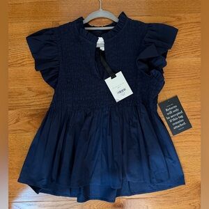 Tuckernuck Navy Flutter Sleeve Smocked Irma Top, NWT, Large